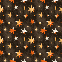 Vector retro hand drawn seamless pattern with colorful stars. Vintage dark background with crystals. Abstract magic cosmic sky. Design for textile print, page fill, wrapping paper, cover, web