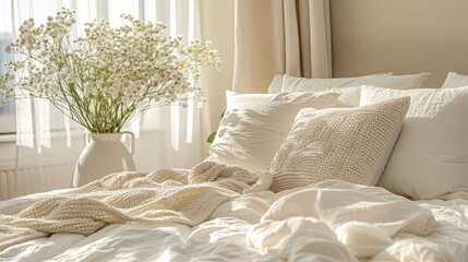 A Bed Made Up With Clean White Pillows And Bed Sheets In A Beautifully Styled Bedroom, High Quality, HD