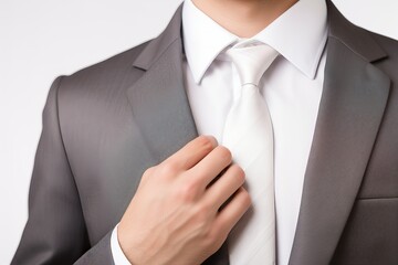 Close-up of a man in a gray suit adjusting his white tie, representing elegance, professionalism, and business attire.