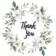 Thank you card in a bouquet of simple white flowers and greenery on a white background