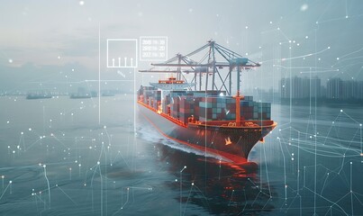 Fototapeta premium Visualization of a container ship with digital overlays showing real-time tracking of global trade routes and cargo status