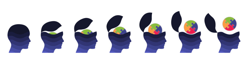 Blue open minded business head set round puzzle jygsaw. 3d idea concept illustration to use for business, logical thinking, open mind, idea concept projects. 