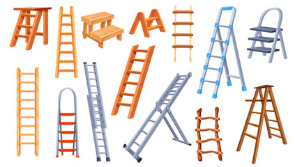 Cartoon step ladders. Tall ladder work tool, climb stairway stand high staircase metal aluminium or wooden stairs renovation household inventory instrument neat illustration