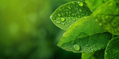 close up the green leaf with dew and copy space