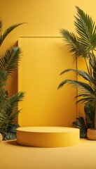 Fototapeta premium A vibrant yellow stage adorned with lush green foliage, creating a striking contrast and a perfect backdrop for events, photoshoots, or presentations