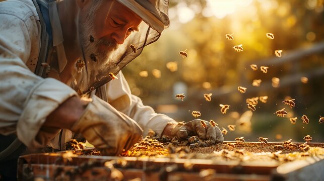 An elderly beekeeper expertly tends to his hives amidst a flurry of bees, bathed in the golden light of sunset