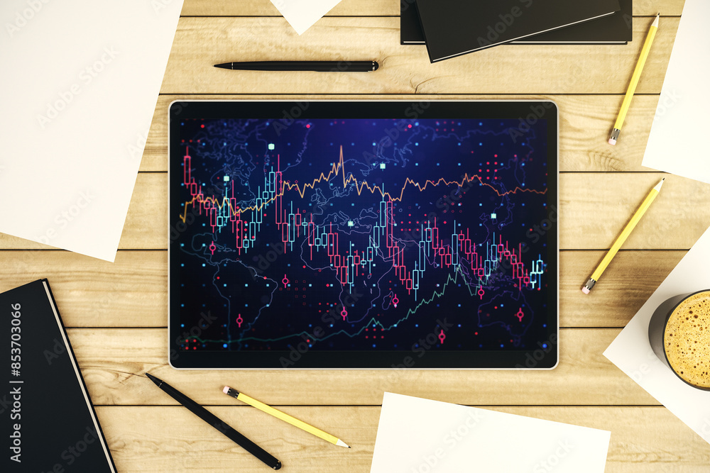 Poster top view of abstract creative financial diagram on modern digital tablet display, banking and accoun