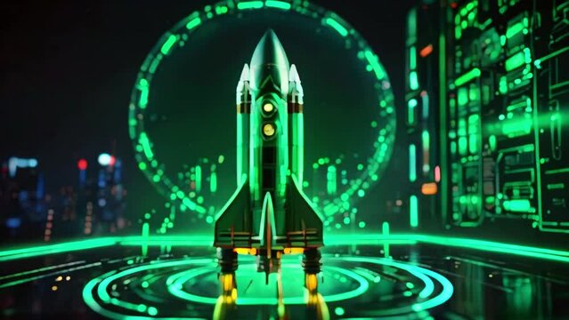 This is an video illustration of a green and yellow rocket ship on a launch pad. The background is a futuristic cityscape with a starry sky and a green digital grid.