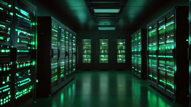 A server room with rows of tall black server racks with green lights.