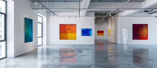 A modern art gallery with white walls and concrete floors, featuring a curated selection of colorful paintings that add vibrancy and life to the minimalist setting.