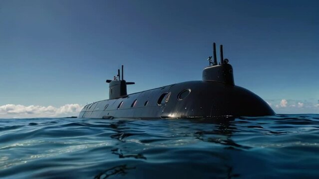 A black submarine is shown partially above the waterline, with the ocean in the background.