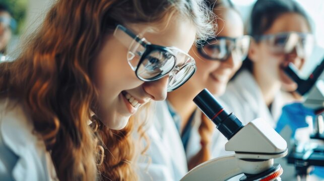 A high school student with a microscope in a science and technology lab