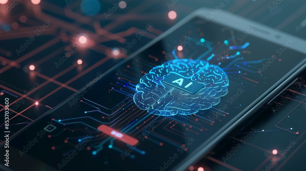 Poster smartphone displaying ai with brain symbol, representing artificial intelligence and technology adva