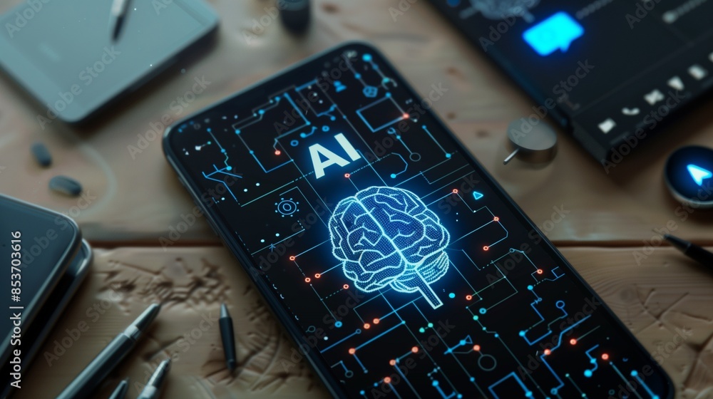 Poster smartphone displaying ai with brain symbol, representing artificial intelligence and technology adva