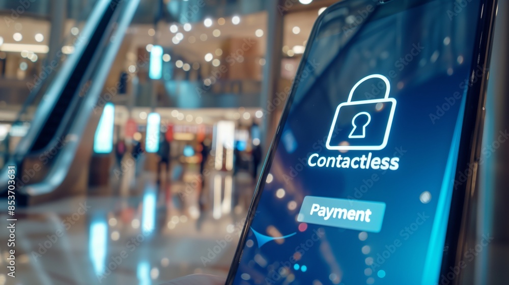 Poster contactless payment concept showing a mobile phone with a lock symbol, emphasizing security and conv