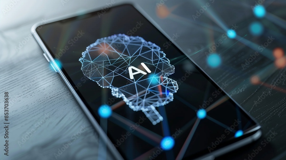 Poster smartphone displaying ai with brain symbol, representing artificial intelligence and technology adva