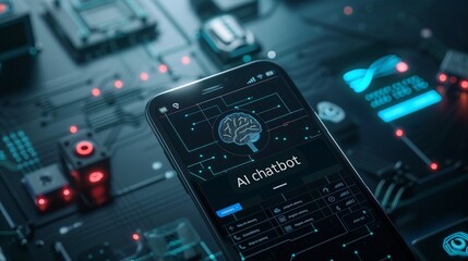 Fototapeta premium AI chatbot displayed on a black smartphone screen, representing automation for support centers and AI-driven communication.