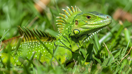 Fototapeta premium A serene scene of a green iguana resting in the grass, enjoying the peaceful outdoor environment.
