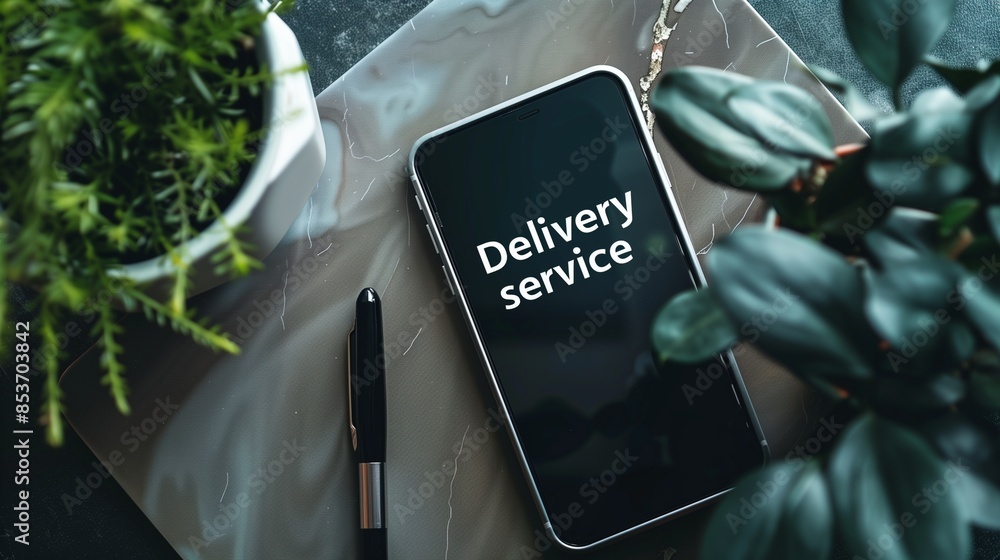 Poster smartphone displaying a delivery service app interface, highlighting the convenience of written word