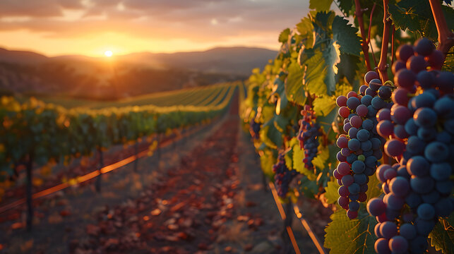 Paisaje de vi&ntilde;edo con vid uva en primer plano