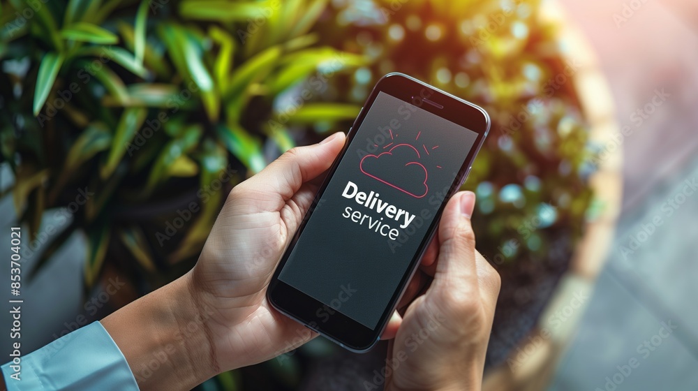 Poster smartphone displaying a delivery service app interface, highlighting the convenience of written word