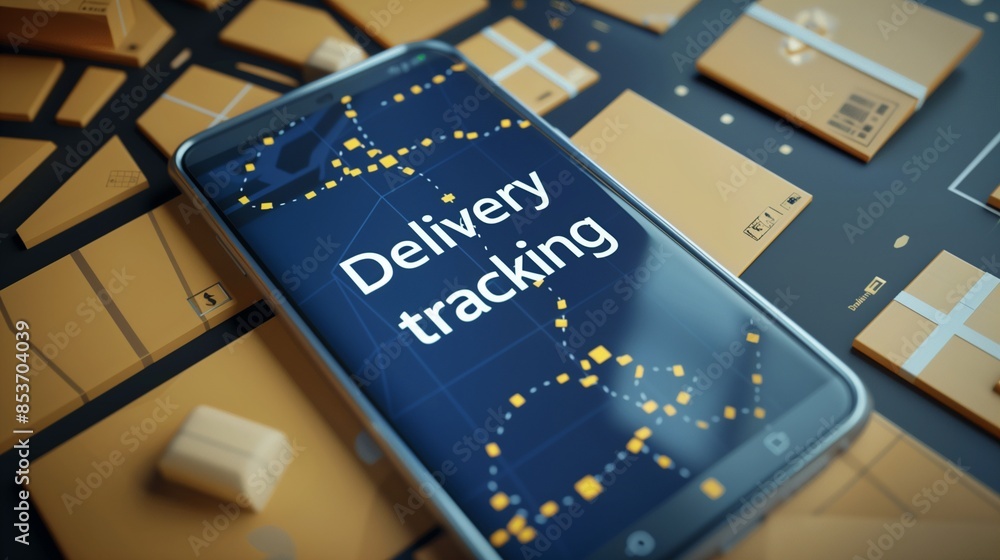 Poster smartphone displaying delivery tracking information on screen, showcasing real-time shipment updates