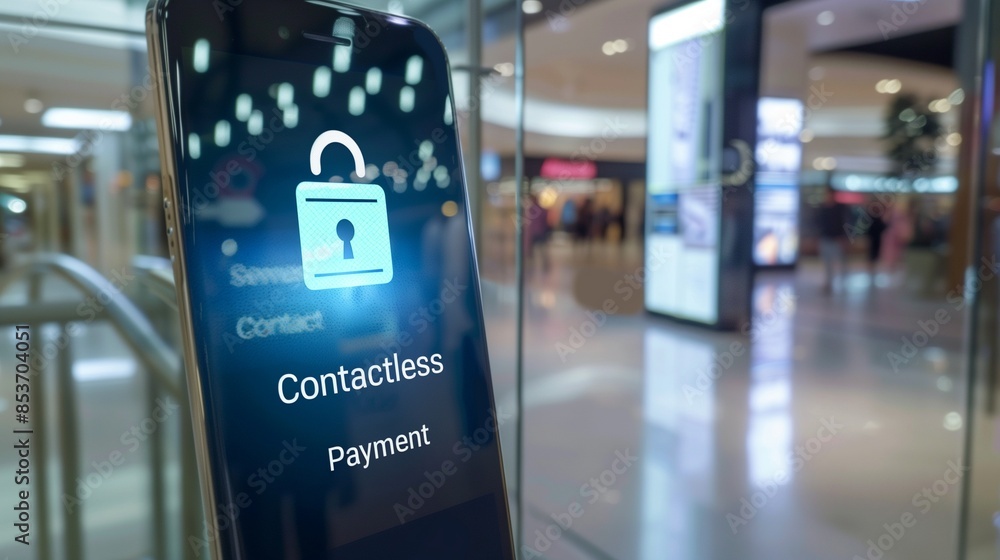 Poster contactless payment concept showing a mobile phone with a lock symbol, emphasizing security and conv