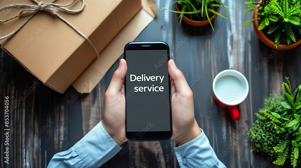 Poster smartphone displaying a delivery service app interface, highlighting the convenience of written word