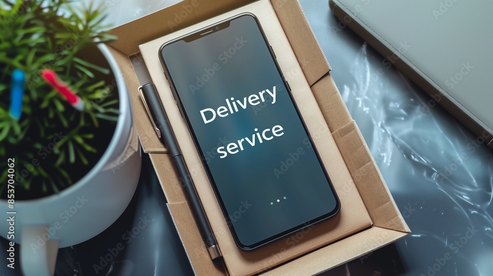 Poster a courier holding a package, representing efficient delivery service and real-time order tracking. p