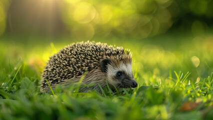 Fototapeta premium A peaceful scene of a hedgehog resting in the lush greenery, bathed in the gentle morning light.