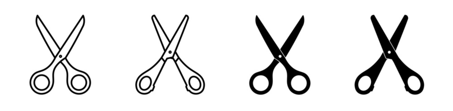 Scissors icon set. Open barber, school, office scissors symbol. Vector illustration. Editable stroke. 