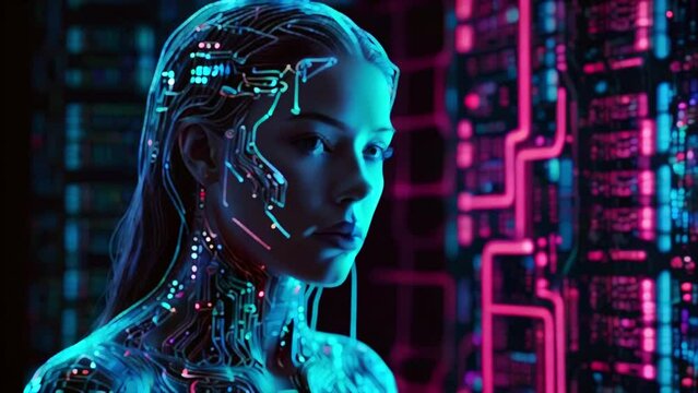 A woman's face is superimposed over a background of glowing pink and blue circuit boards.