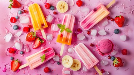 Top view of tasty colorful ice cream set of summer ice cream with berries, fruit and ice cubes. Various delicious popsicles on a stick on bright background.