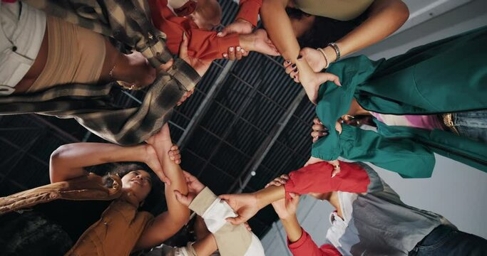 Business people, hands together or circle in unity or support for team building or motivation with low angle. Professional, employees or solidarity in meeting with community, inclusivity or diversity