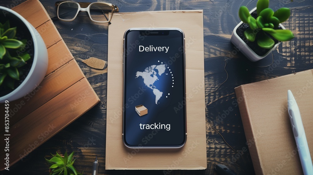 Poster smartphone displaying delivery tracking information on screen, showcasing real-time shipment updates