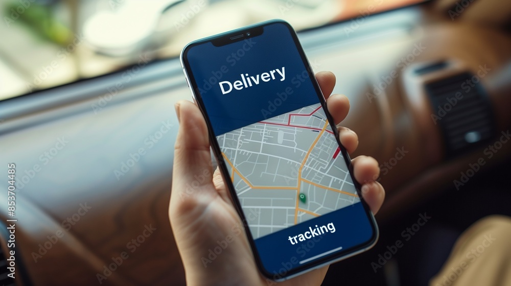 Poster smartphone displaying delivery tracking information on screen, showcasing real-time shipment updates