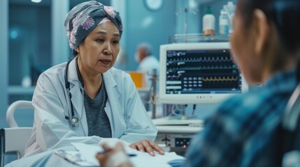 A doctor tells a female patient the test results.