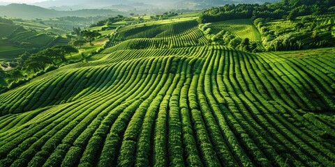 Fototapeta premium Aerial View of Lush Green Tea Plantation