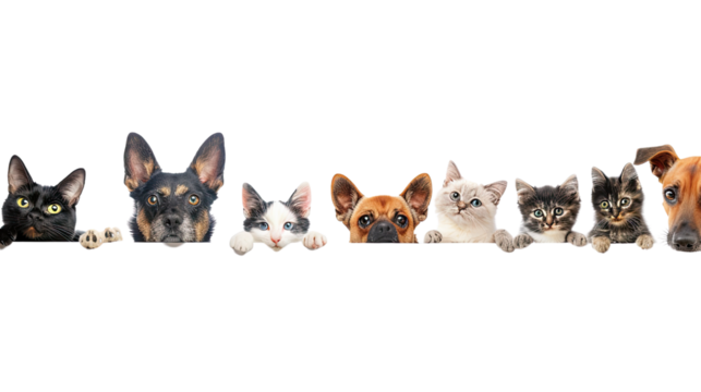 Dogs and Cats Peeking Over Banner on transparent background