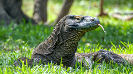 Obraz premium A fierce predator, the Komodo dragon, basking in the warm environment of a tropical forest.
