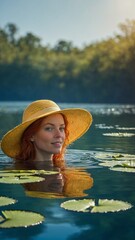 Woman with vibrant red hair partially submerged in body of water, donning yellow hat with broad brim, surrounded by green lily pads. Scene exudes sense of stillness, with waters surface undisturbed.