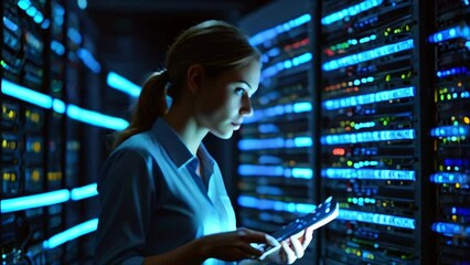 A woman in a blue shirt is standing in a server room, looking at a tablet. - Powered by Adobe