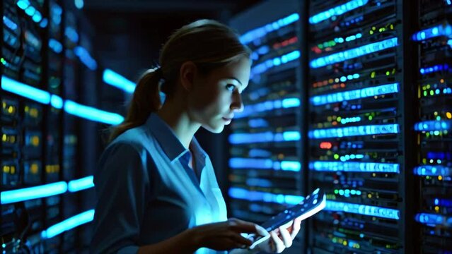 A woman in a blue shirt is standing in a server room, looking at a tablet.