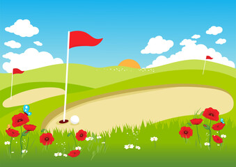 Scenic golf course in a summer landscape background with green hills and red poppy flowers and butterflies. Countryside golf course with flags. Vector illustration