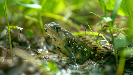 Naklejka premium A small frog enjoying the moist environment of a green, muddy marsh.