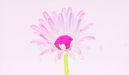 Abstract crystal pink flower blooming with water drops on isolated background. 3d rendering.