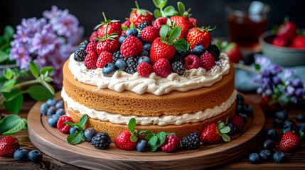 A cake with strawberries and blueberries on top. The cake is on a wooden board and has a white frosting