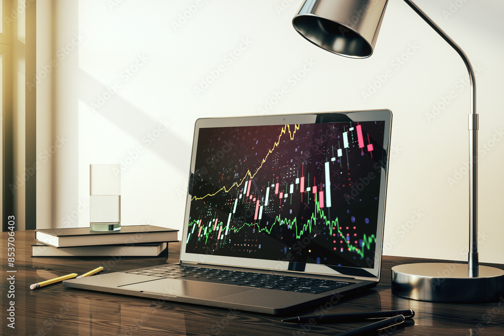 Poster abstract creative financial graph on modern laptop screen, forex and investment concept. 3d renderin
