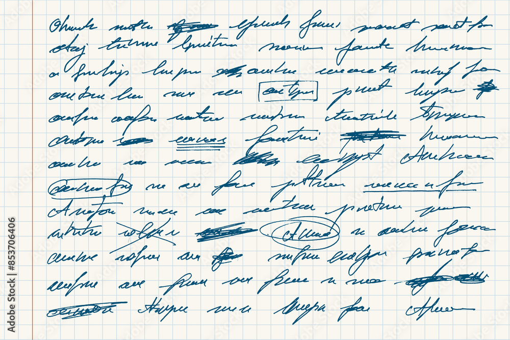 Fototapete abstract hand written text in ink for letters. unreadable text with crossed out words. illegible tex