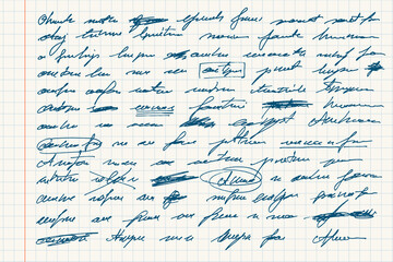 Abstract hand written text in ink for letters. Unreadable text with crossed out words. Illegible text page with mistakes.